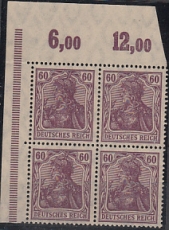Deutsches Reich Mi.-Nr. 92 II b ** Eckrandviererblock gepr. BPP